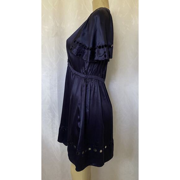 See By Chloe Silk Dress Satin Blue Navy V Neck Short Flutter Sleeve Eyel… - Picture 2 of 9
